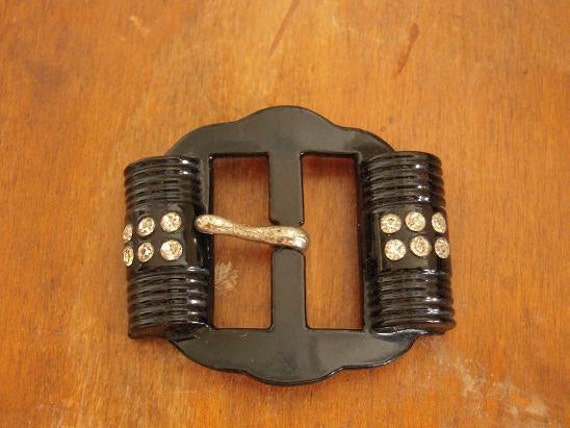Vintage Art Deco Belt Buckle Black Celluloid with… - image 3