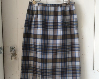 Vintage 1960s Cotton Blue & Green Plaid Pencil Skirt medium large