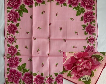 Roses Handkerchief Floral Burmel Novelty hankie hanky Rolled Scalloped Edge Vintage  NWT