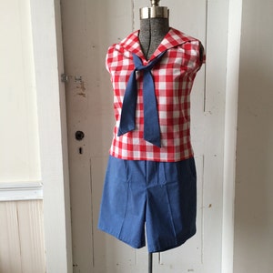 1960s Deadstock Shorts Set Red Gingham Midi Top w/ Blue Chambray Tie and Shorts Size 14 NOS image 1