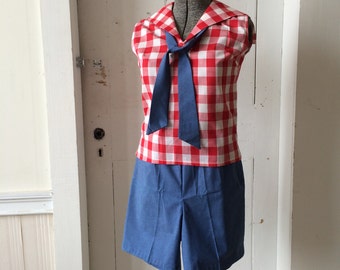 1960s Deadstock Shorts Set Red Gingham Midi Top w/ Blue Chambray Tie and Shorts Size 14 NOS