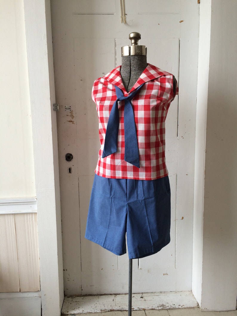 1960s Deadstock Shorts Set Red Gingham Midi Top w/ Blue Chambray Tie and Shorts Size 14 NOS image 1