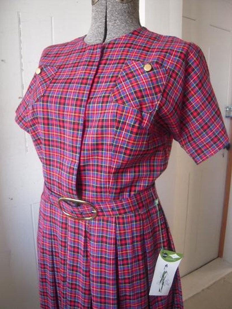 60s Plaid Tartan SEARS Pleated Dress NOS with Tag Full Skirt Size XL image 1