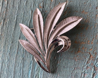 Crown Trifari Leaf Brooch Silvertone Textured brushed metal
