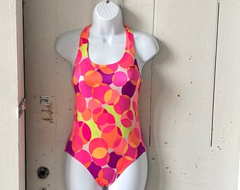 1980s Girls Speedo DayGlo Neon Geometric Print Swim Suit One Piece