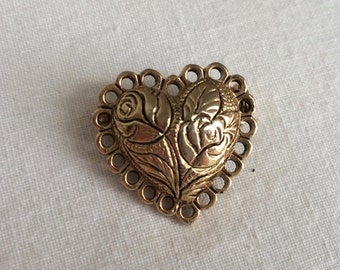 Vintage Style 1980s Rose Bud and Lace PUFFY HEART Gold Tone Brooch Pin