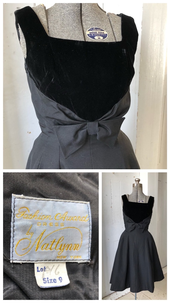 1950s Black Dress NATLYNN Silk Faille & Velvet Se… - image 10