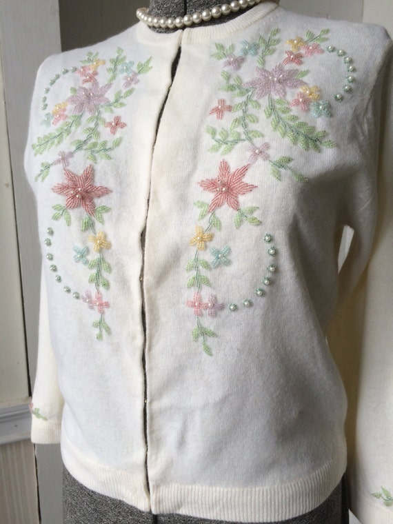 1950s 1960s Pastel Floral Hand Beaded Angora Lamb… - image 3