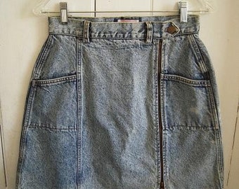 1980s Acid Washed Jean Skirt Palmetto's  High Waisted Sexy Side Metal Zipper Up size 11