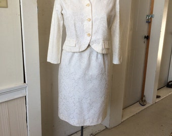 1960s Cream Brocade 2pc Suit Skirt and Jacket Rhonda Lee Size 14