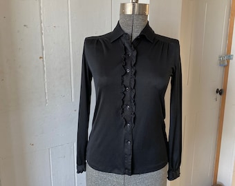 1970s Nylon Black Ruffles Blouse Destinations 1 Size Med