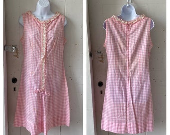 Vintage 1960s Pink Gingham Sleeveless Scooter Dress Bargain Basement size Medium