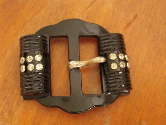 Vintage Art Deco Belt Buckle Black Celluloid with… - image 2