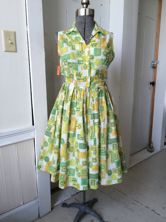 Vintage 1950s Georgia Griffin Sleeveless Shirtwaist Day Dress Novelty Keys  Motif Yellow & Green Size 14 NWT - Etsy