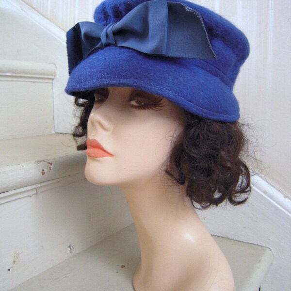 Vintage Sapphire Blue Hat Topper Henry Pollack Llamascene Wool Mohair with Grosgrain Bow