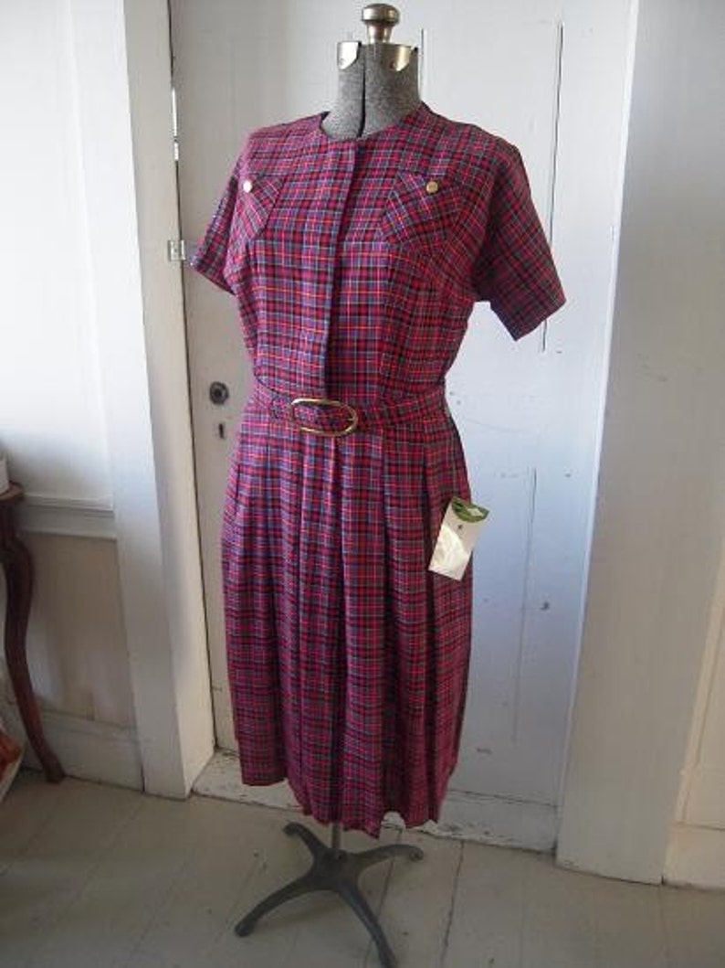 60s Plaid Tartan SEARS Pleated Dress NOS with Tag Full Skirt Size XL image 2