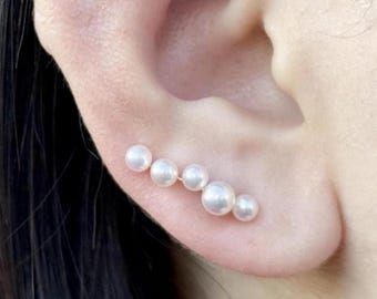18K Solid Gold Akoya Pearl Climbers, Scattered Pearl Earrings, June Birthstone Jewelry, Gold Bridal Jewelry. June luxury birthday gift.