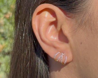 18K Gold Crisscross Ear Cuff Earrings, Natural Diamond Ear Wraps, Solid Gold Stackable Jewelry, April Birthstone, Elegant bridal earrings