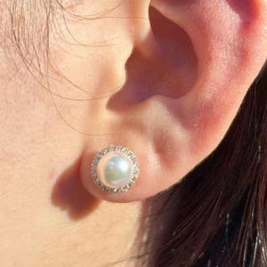 18K Solid Yellow Gold Akoya Pearl Studs. June Birthstone Earrings, Bridal Jewelry, Diamond Halo Earrings - wedding gift. June birthday gift