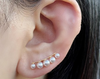 18K Gold Pearl Climbers, Akoya Pearl Minimalist Gold Earrings, June Birthstone Earring Jewelry, Bridal Jewelry for her. June birthday gift.