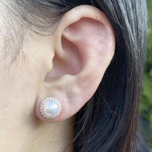 18K Solid Rose Gold Akoya Pearl Stud Earrings-Diamond Halo Jewelry, June Birthstone, Wedding & Graduation Jewelry, June birthday gift.