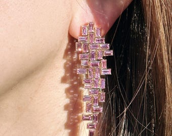 18k Yellow Gold Drop Earrings with Natural Baguette Pink Sapphires. Solid gold. Dangling earrings. Unique gifts. September birthstone.
