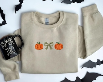 Pumpkin Bow Embroidered Sweatshirt - Cozy Fall Crewneck -Minimal Pumpkin Embroidery Sweatshirt, Autumn Harvest Shirt, Cute Halloween Apparel