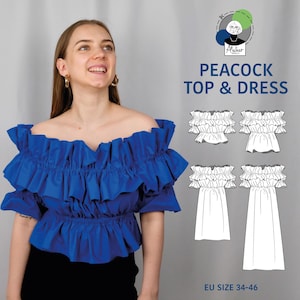 Patrón de vestido de verano con volantes "Peacock" / 4 largos / Vestido con bolsillos / Con instrucciones // Alemán e inglés