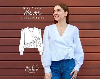 Sewing pattern wrap blouse with puff sleeves "Edith", PDF sewing pattern long-sleeved wrap top with side bow, including sewing instructions