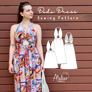 May include: A woman in a vibrant halter dress with a keyhole detail. The dress showcases an abstract pattern in orange, blue, and yellow. The image includes a sewing pattern labelled "Dodo Dress Sewing Pattern" and the Atelier Ninsch logo.