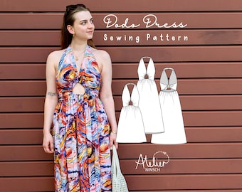 PDF sewing pattern halter neck summer dress with cut-out, back tie and elastic waistband, midi/mini, A4/A0/US Letter, German & English