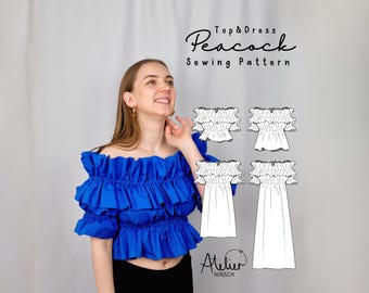 PDF Sewing pattern off-shoulder summer dress ruffle top  “Peacock” 4 lengths with pockets and step-by-step instruction // English & German