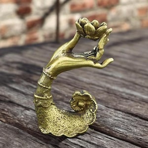 Vintage Style Solid Brass Copper Hand Holding Lotus Flower Statue - Unique Incense Stick Holder - Handcrafted Metal Art Home Decor Gift