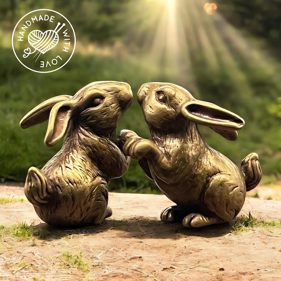 Two Cute Mini Rabbit Figures Kissing Brass Rabbit Statue Handmade Home ...