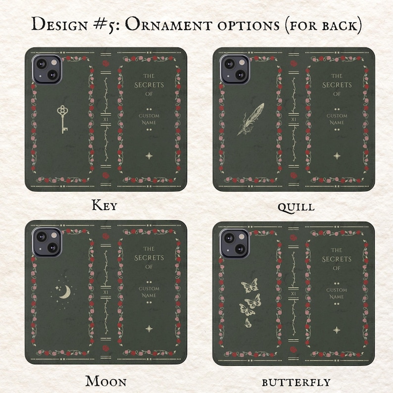 May include: Four phone case designs featuring a green book with gold accents and a different ornament on each case: a key, a quill, a moon, and a butterfly. The book cover reads "The Secrets Of" with a space for a custom name.