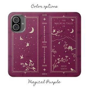 May include: A purple phone case with a gold design featuring a book cover with the title "The Magical Tales of" and the author "Anne Smith".