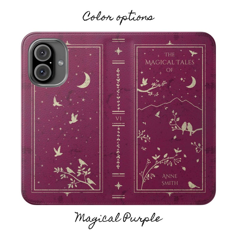 May include: A purple phone case with a gold design featuring a book cover with the title "The Magical Tales of" and the author "Anne Smith".