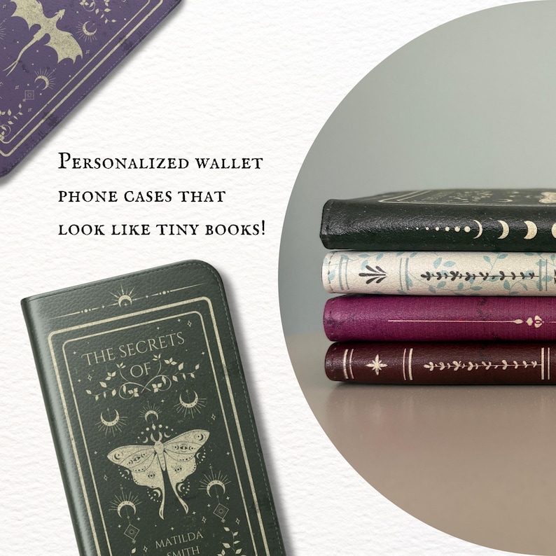 Personalized Book Phone Case Book Wallet Book Lover Gift Bookish Fantasy Luna Moth Dark Academia Antique - iPhone 17 16 15 14 13 12 Samsung image 2
