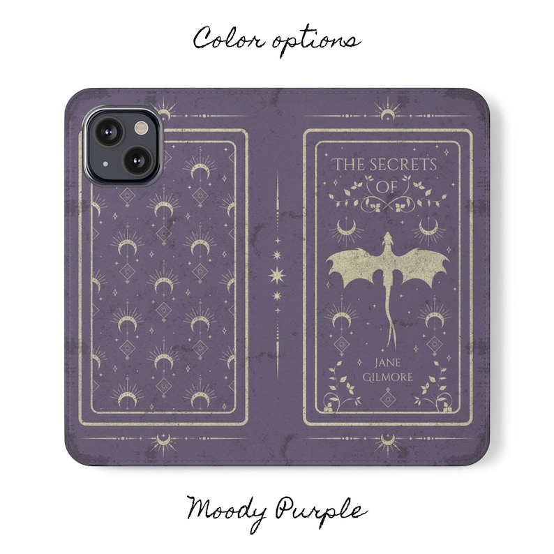 May include: A purple phone case with a distressed look. The case features a design with a dragon and the text "The Secrets of Jane Gilmore".