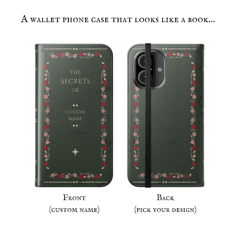 May include: A green phone case with a wallet flap. The front of the case has a vintage book design with the text "The Secrets Of" and a space for a custom name. The back of the case has a similar design with a black strap.