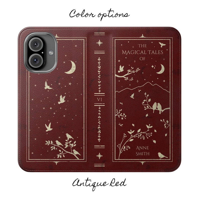 Personalized Book Wallet Phone Case Vegan Leather Phone Case Book Lover Gift Vintage Antique - iPhone 17 16 15 14 13 12 Pro Plus Max Samsung Antique Red