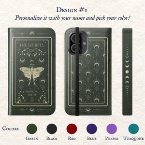 May include: A green phone case featuring a book design with the text "The Secrets of" and a moth. The case has a black strap and a pattern of moons and stars. The case is available in other colours: green, black, red, blue, purple, and turquoise.
