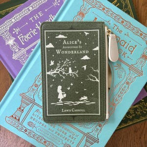 Slim Book Wallet Zipper Pouch Book Coin Purse Vegan Leather Card Holder - Alice Adventures in Wonderland - Book Lovers Gift Bookish Gift