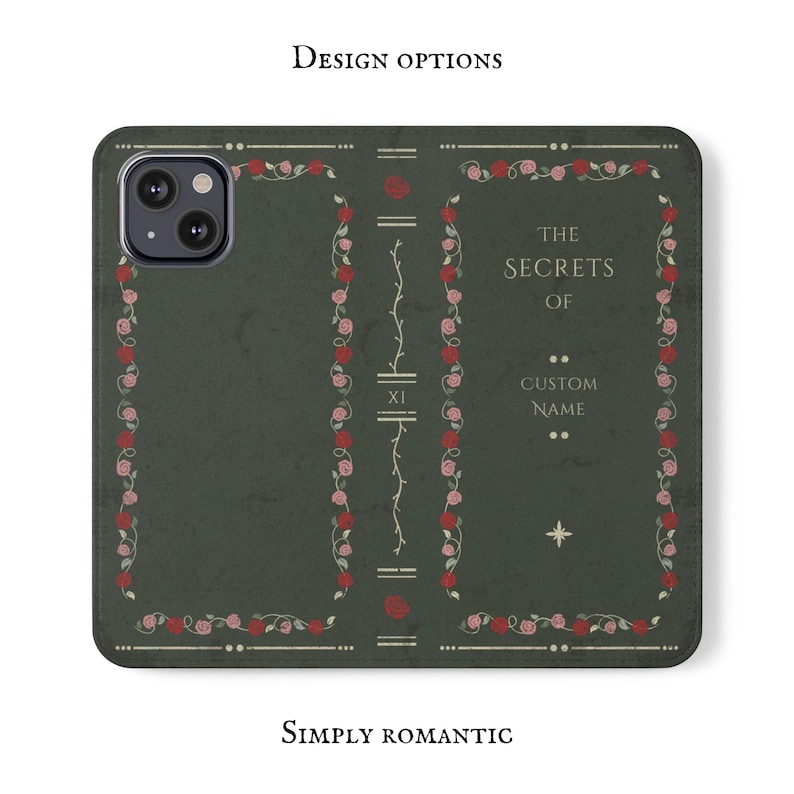 May include: A green phone case with a floral design and the text "The Secrets of Custom Name" on the back.