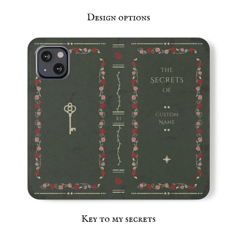 May include: A green phone case with a vintage book design. The case features a gold key, red and pink roses, and the text "The Secrets of Custom Name".