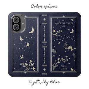 Personalized Book Wallet Phone Case Vegan Leather Phone Case Book Lover Gift Vintage Antique - iPhone 17 16 15 14 13 12 Pro Plus Max Samsung Night Sky Blue