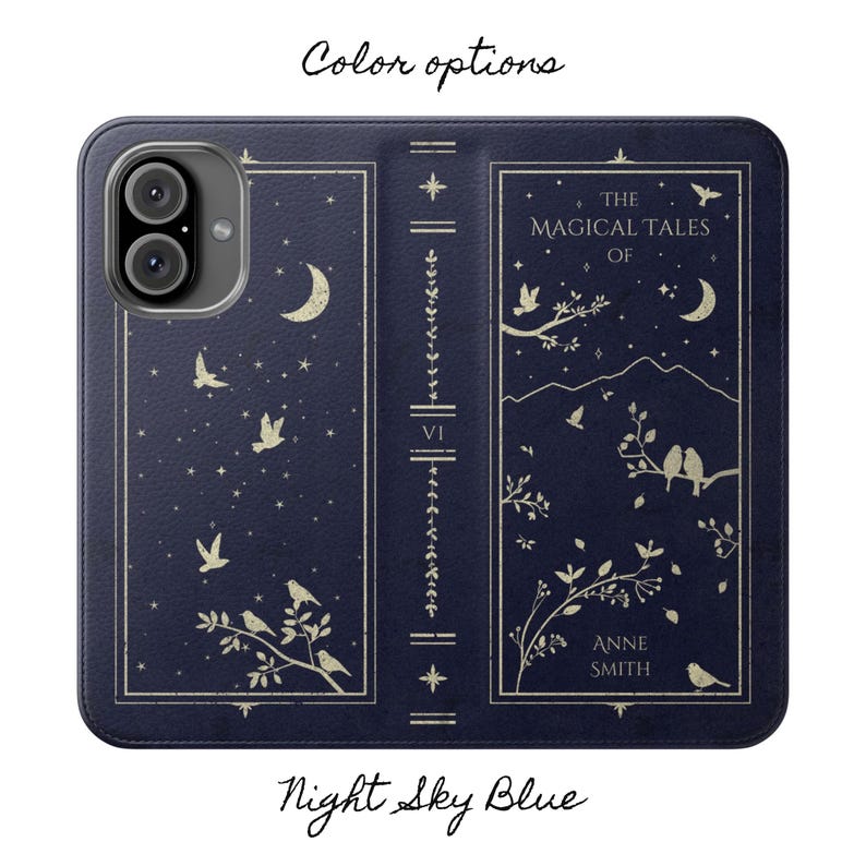 Personalized Book Wallet Phone Case Vegan Leather Phone Case Book Lover Gift Vintage Antique - iPhone 17 16 15 14 13 12 Pro Plus Max Samsung Night Sky Blue