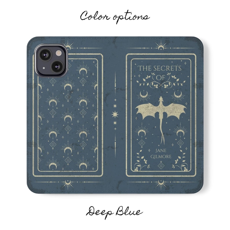 May include: A deep blue phone case with a white design featuring a dragon and the text "The Secrets of Jane Gilmore".