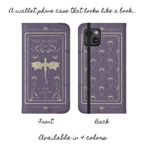 May include: A purple phone case with a book-like design. The front features a dragon illustration and the text "The Secrets of Jane Gilmore". The back has a repeating pattern of moons and stars.