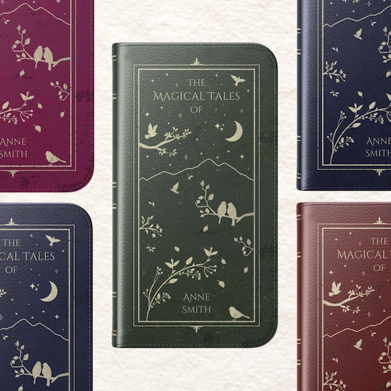 Personalized Book Wallet Phone Case Vegan Leather Phone Case Book Lover Gift Vintage Antique - iPhone 17 16 15 14 13 12 Pro Plus Max Samsung